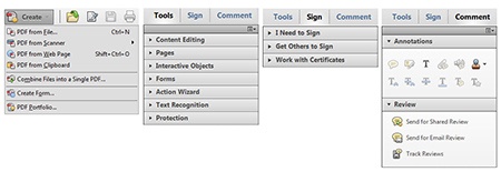 Adobe Acrobat XI - některé panely nabídek