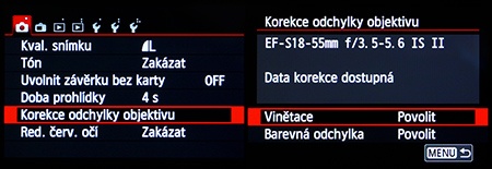 Canon EOS 650D - LCD: korekce vad objektivu