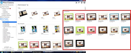 HP Photo Creations - základní nabídka možností
