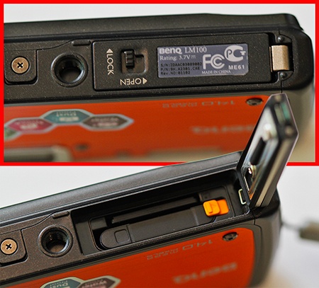 vodotěsný ultrakompakt BenQ LM100: kryt prostoru pro baterii a kartu