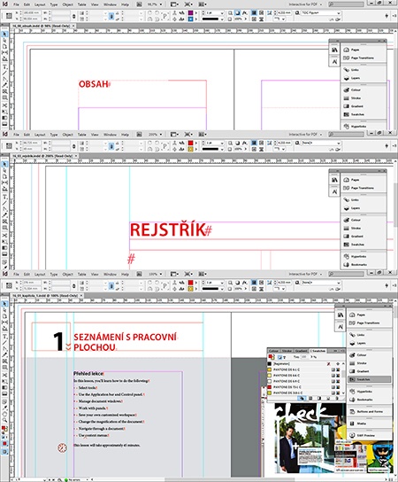 ukázka z poslední lekce - tvorba obsahu, kapitol, křížových odkazů, rejstříku, ...