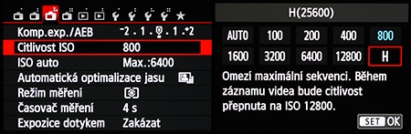 Canon EOS M: citlivost ISO v menu