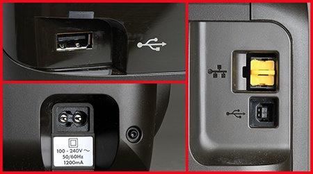 detaily zadní a přední stěny: konektory vč. USB pro přímý tisk z flash paměti a síťové připojení