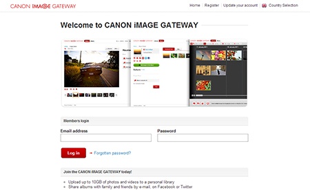 Canon iMAGE Gateway - webové rozhraní, přihlášení